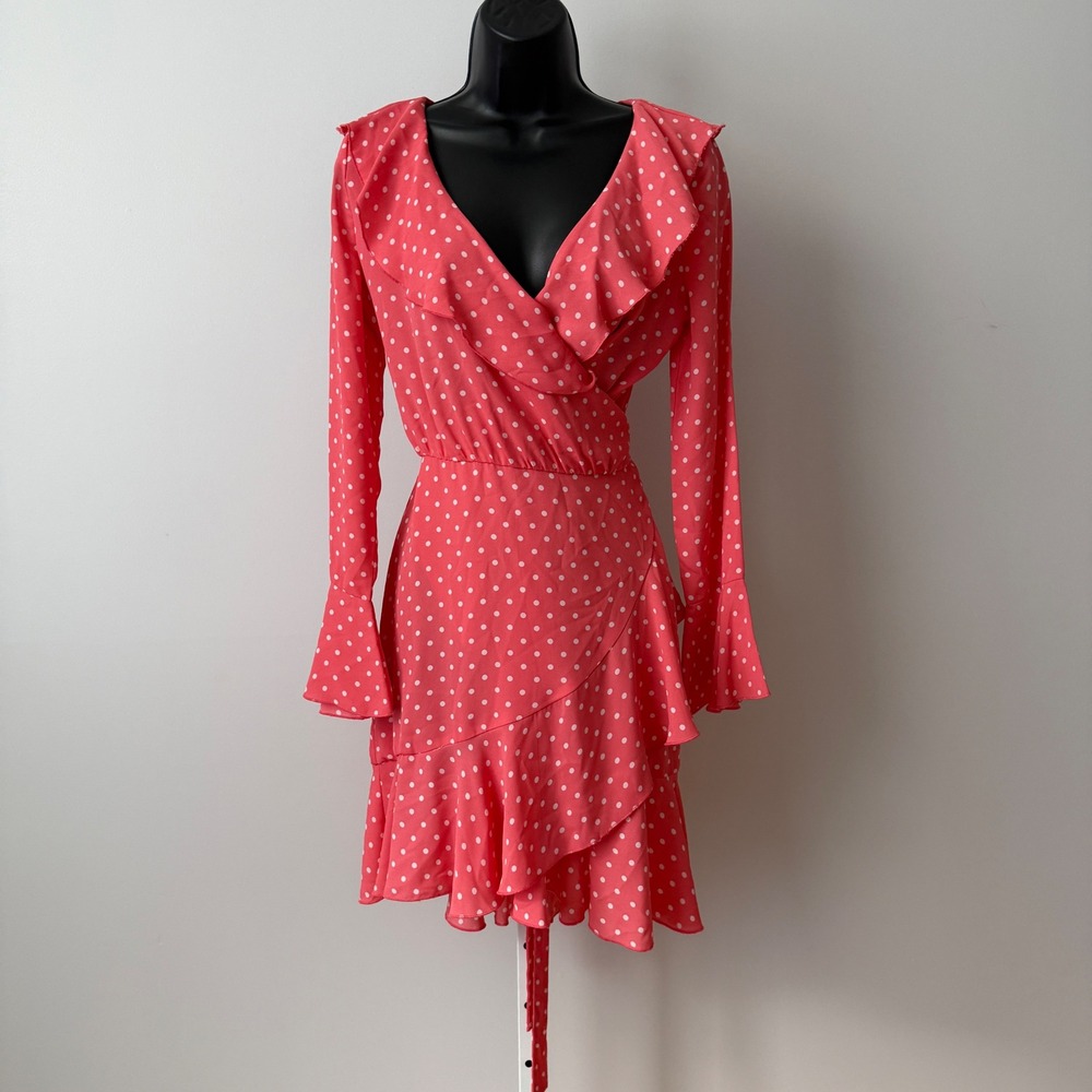Cynthia Rowley sz 2 Coral Pink Polka Dot Ruffle Wrap Dress Bell Sleeve Mini